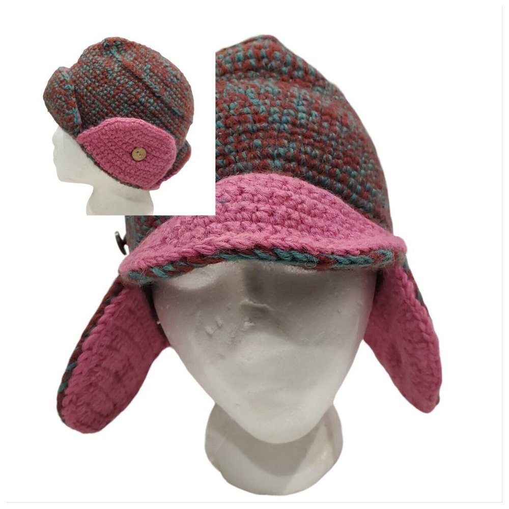 Womens Wool Knit Ear Flap‎ Hat Fleece Lined Insulated Burgundy Teal Pink Nepal